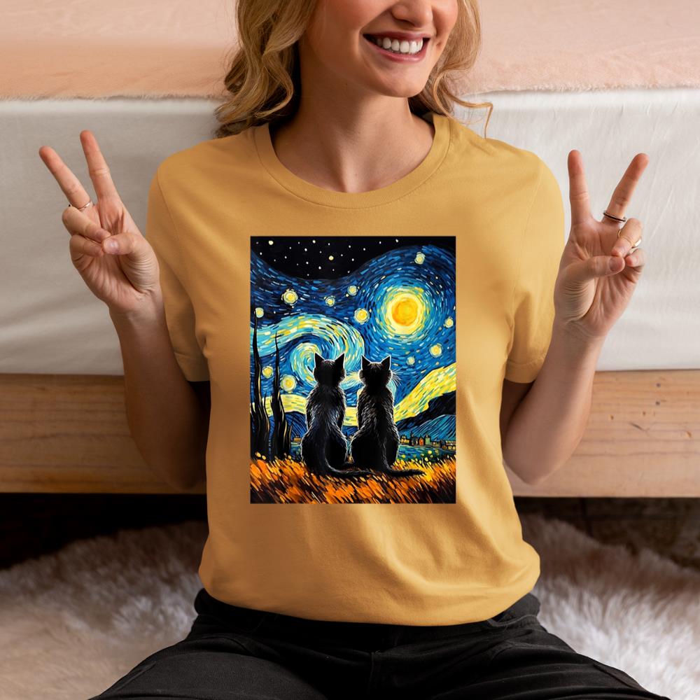 Xanawood Black Cats Lover Starry Night Vincent van Gogh T-Shirt