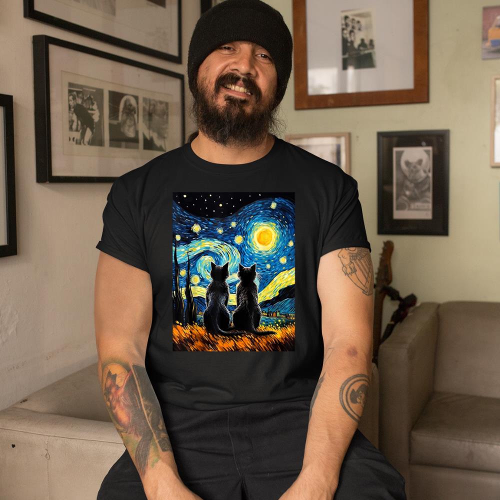 Xanawood Black Cats Lover Starry Night Vincent van Gogh T-Shirt