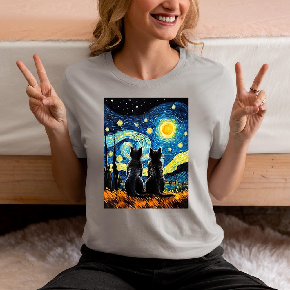 Xanawood Black Cats Lover Starry Night Vincent van Gogh T-Shirt