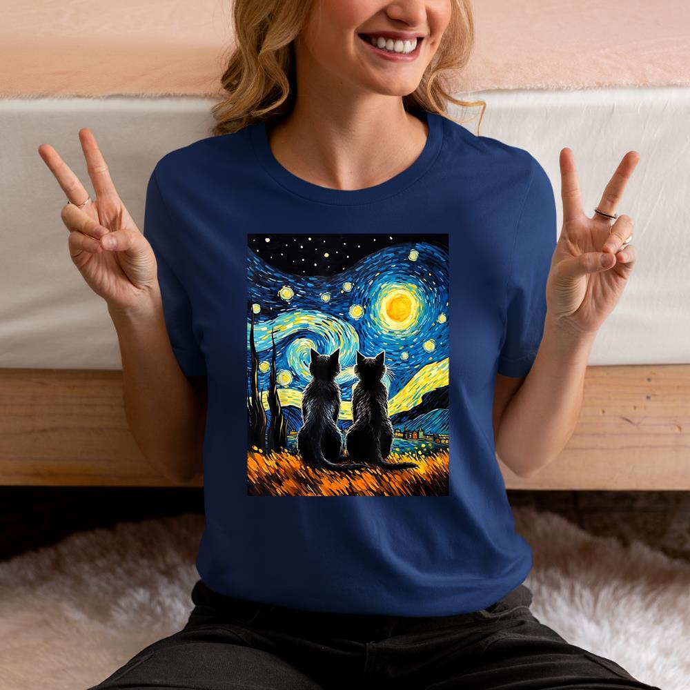 Xanawood Black Cats Lover Starry Night Vincent van Gogh T-Shirt
