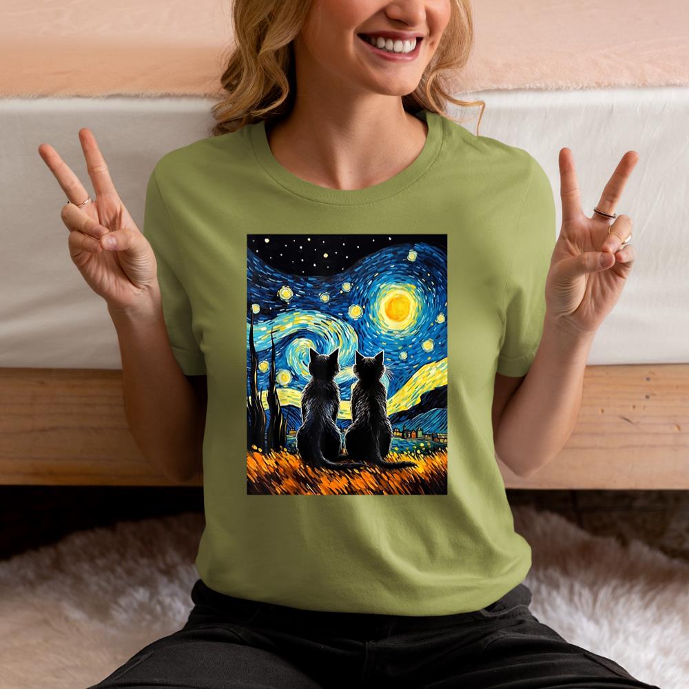 Xanawood Black Cats Lover Starry Night Vincent van Gogh T-Shirt