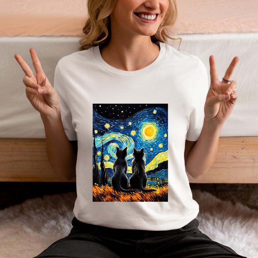 Xanawood Black Cats Lover Starry Night Vincent van Gogh T-Shirt