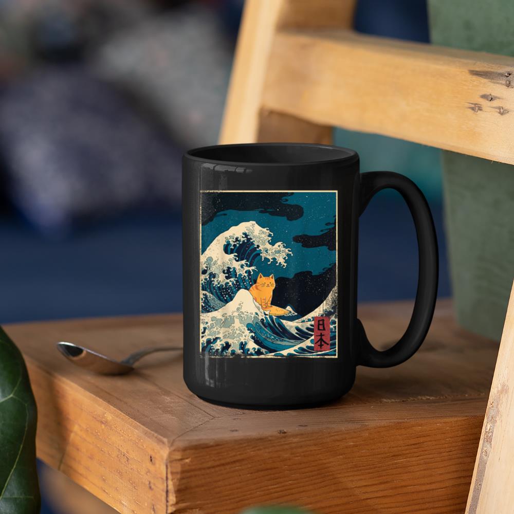 Xanawood blue waves cat Lady Funny cat surfing Graphic Tee Mug