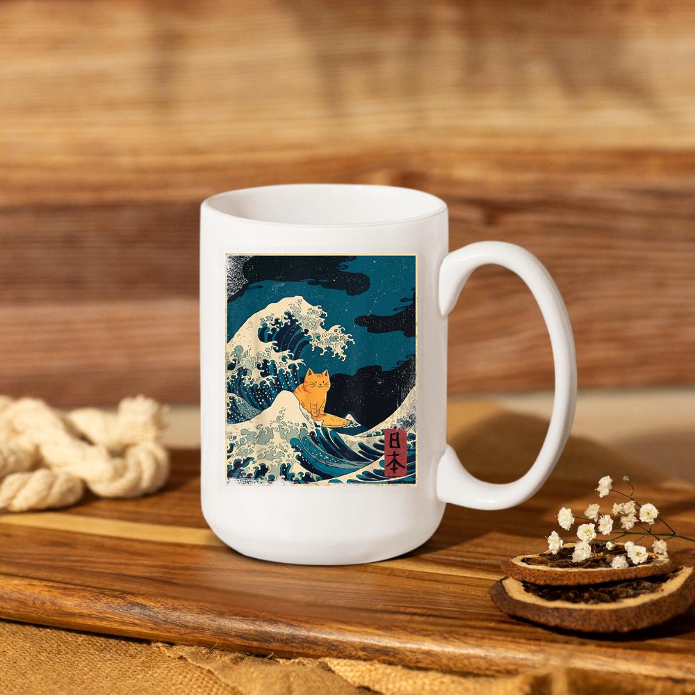Xanawood blue waves cat Lady Funny cat surfing Graphic Tee Mug