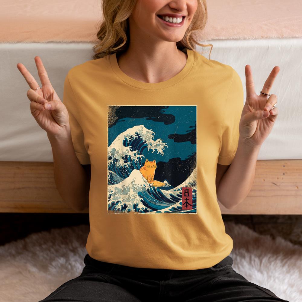 Xanawood blue waves cat Lady Funny cat surfing Graphic Tee T-Shirt