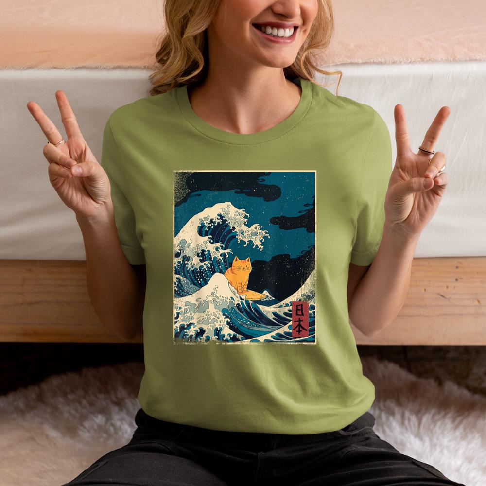 Xanawood blue waves cat Lady Funny cat surfing Graphic Tee T-Shirt