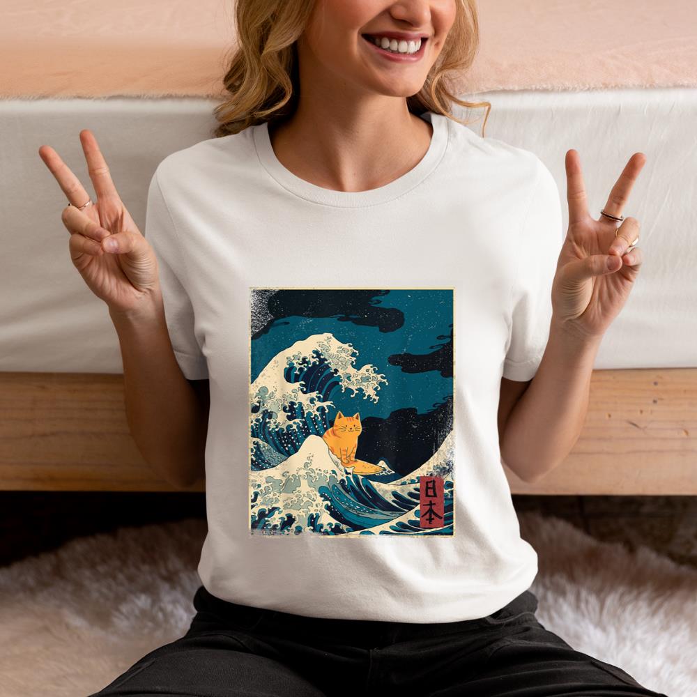 Xanawood blue waves cat Lady Funny cat surfing Graphic Tee T-Shirt