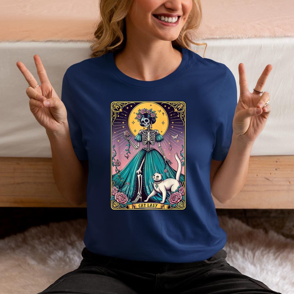 Xanawood Cat Lady Tarot Card Skeleton Woman Funny Cat Lover T-Shirt