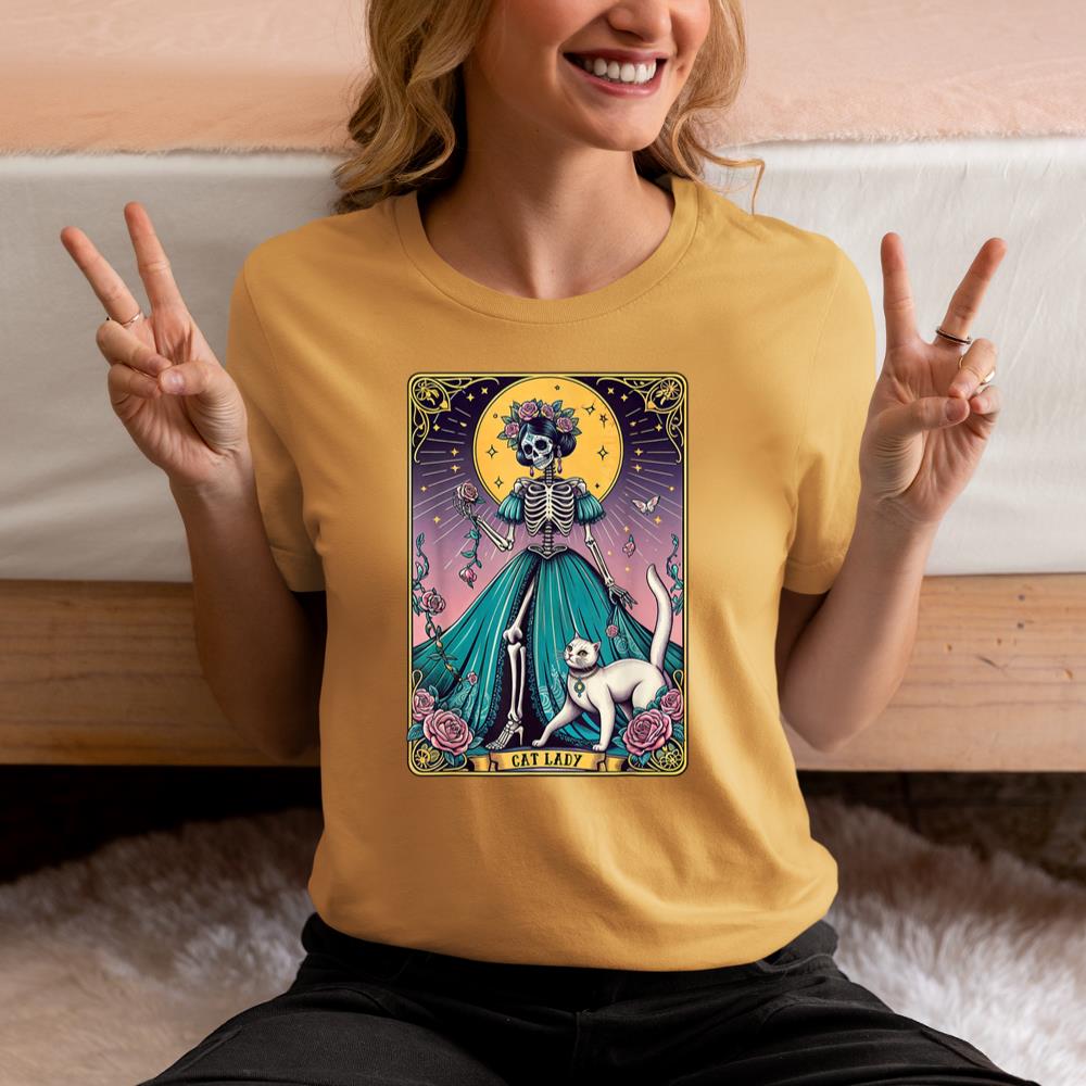 Xanawood Cat Lady Tarot Card Skeleton Woman Funny Cat Lover T-Shirt
