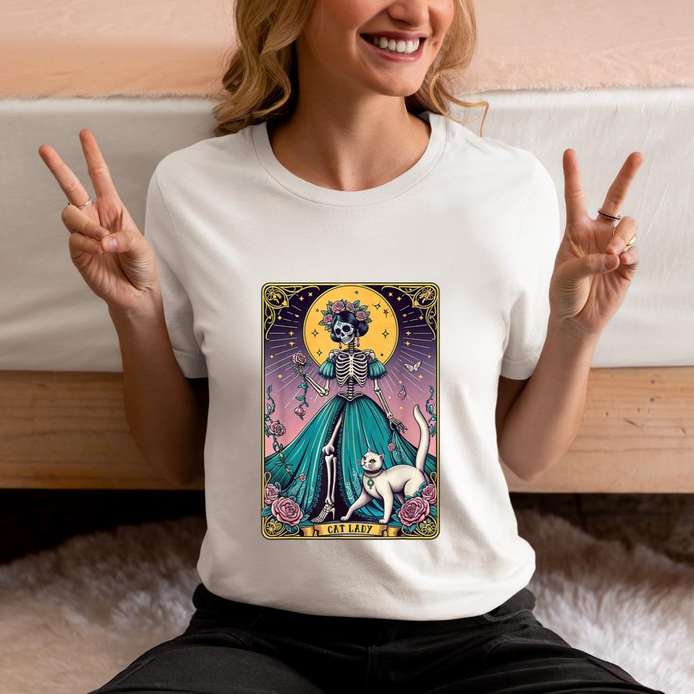 Xanawood Cat Lady Tarot Card Skeleton Woman Funny Cat Lover T-Shirt