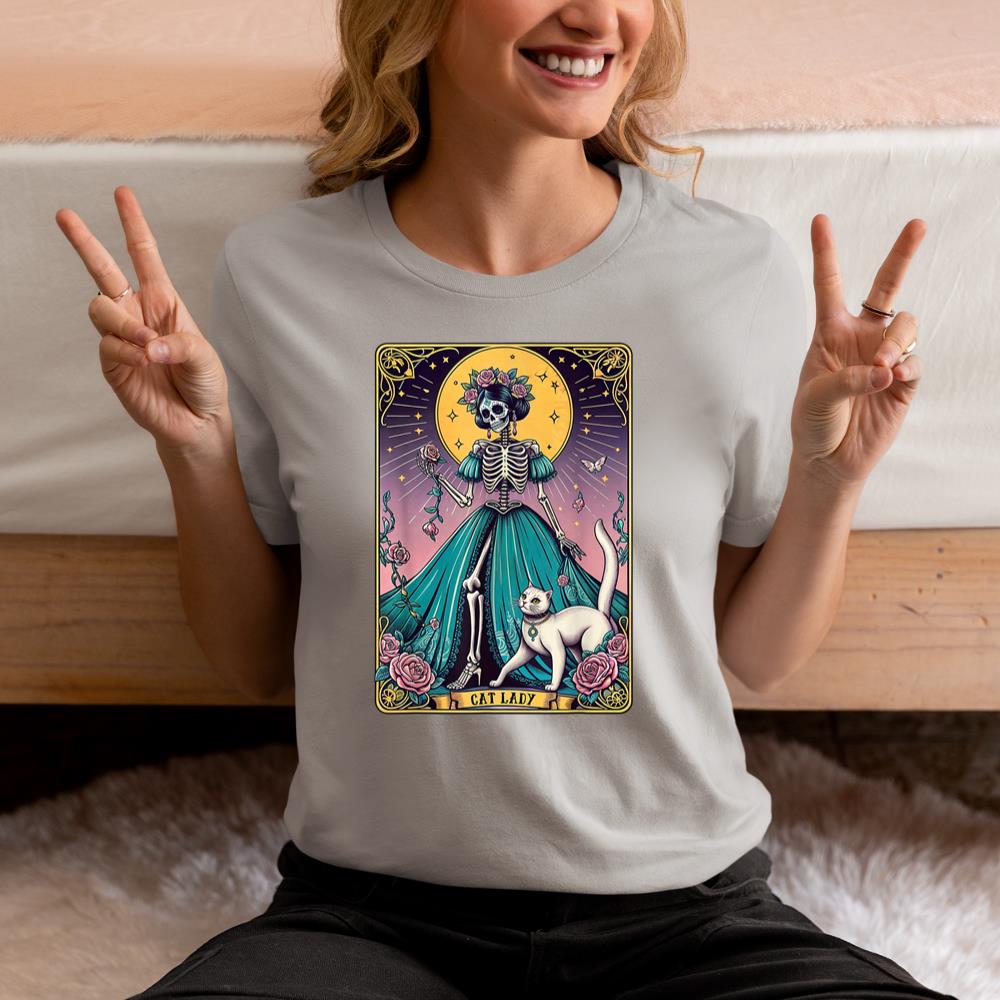 Xanawood Cat Lady Tarot Card Skeleton Woman Funny Cat Lover T-Shirt
