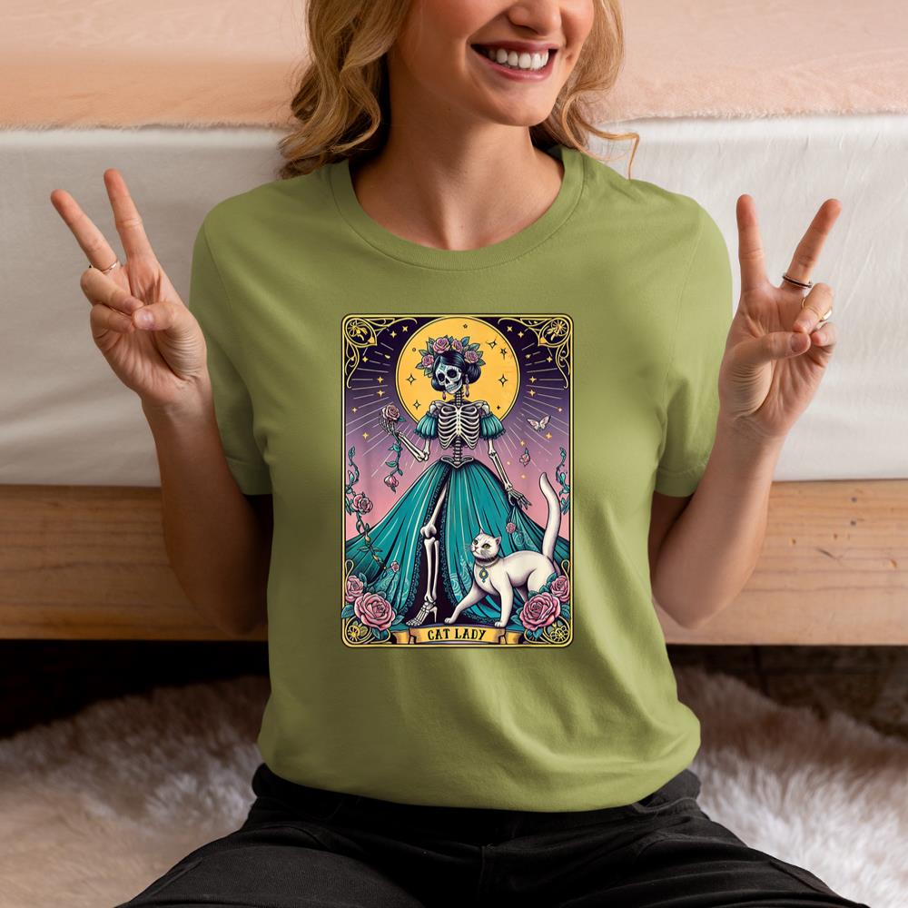 Xanawood Cat Lady Tarot Card Skeleton Woman Funny Cat Lover T-Shirt