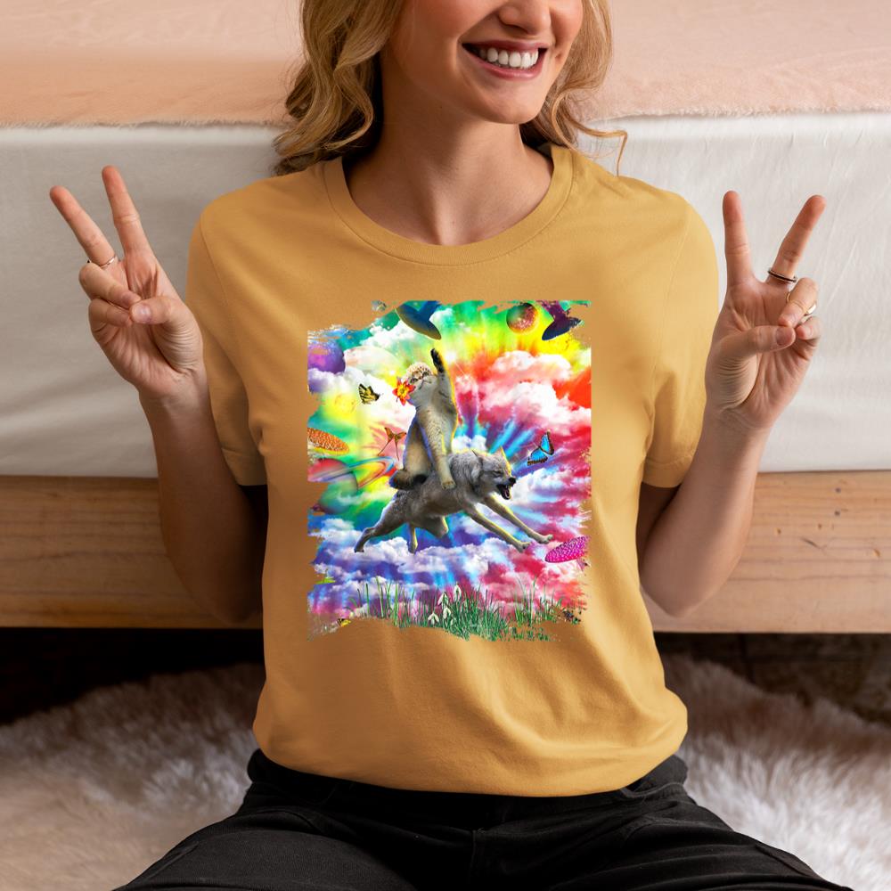 Xanawood Cat Riding Wolf Trippy Tie Dye T-Shirt