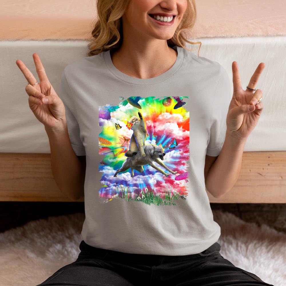 Xanawood Cat Riding Wolf Trippy Tie Dye T-Shirt