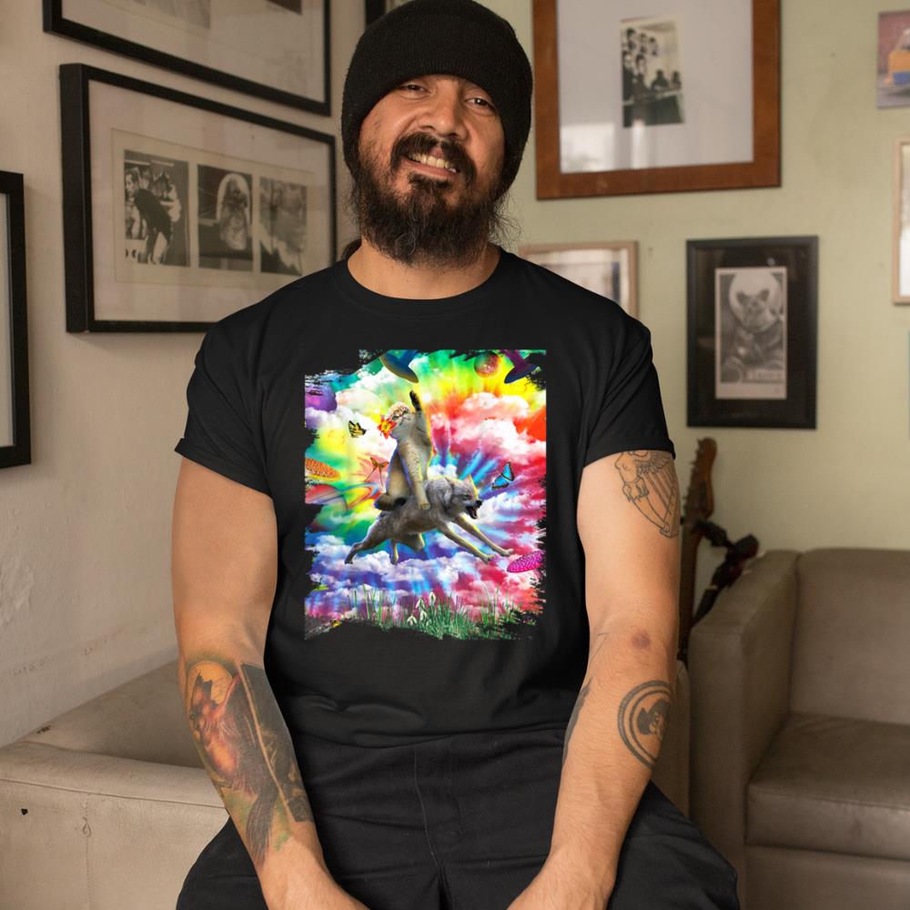 Xanawood Cat Riding Wolf Trippy Tie Dye T-Shirt