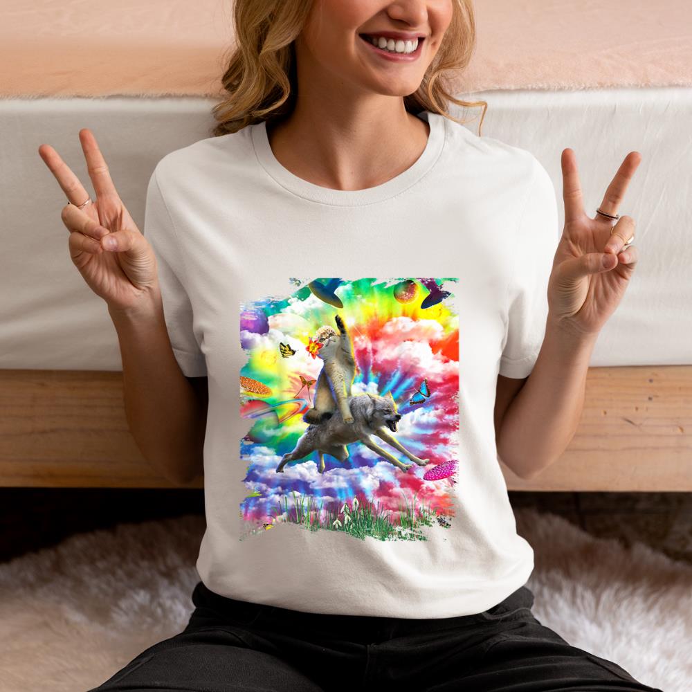 Xanawood Cat Riding Wolf Trippy Tie Dye T-Shirt