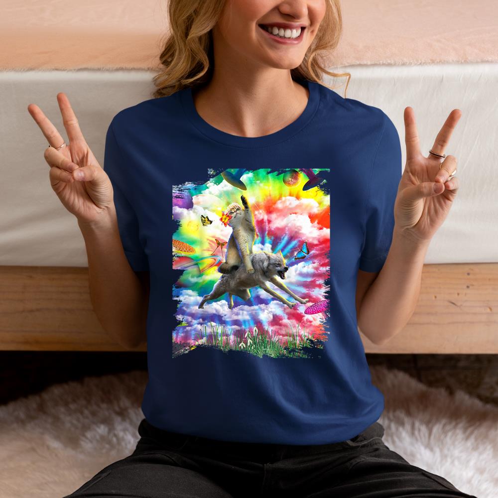 Xanawood Cat Riding Wolf Trippy Tie Dye T-Shirt