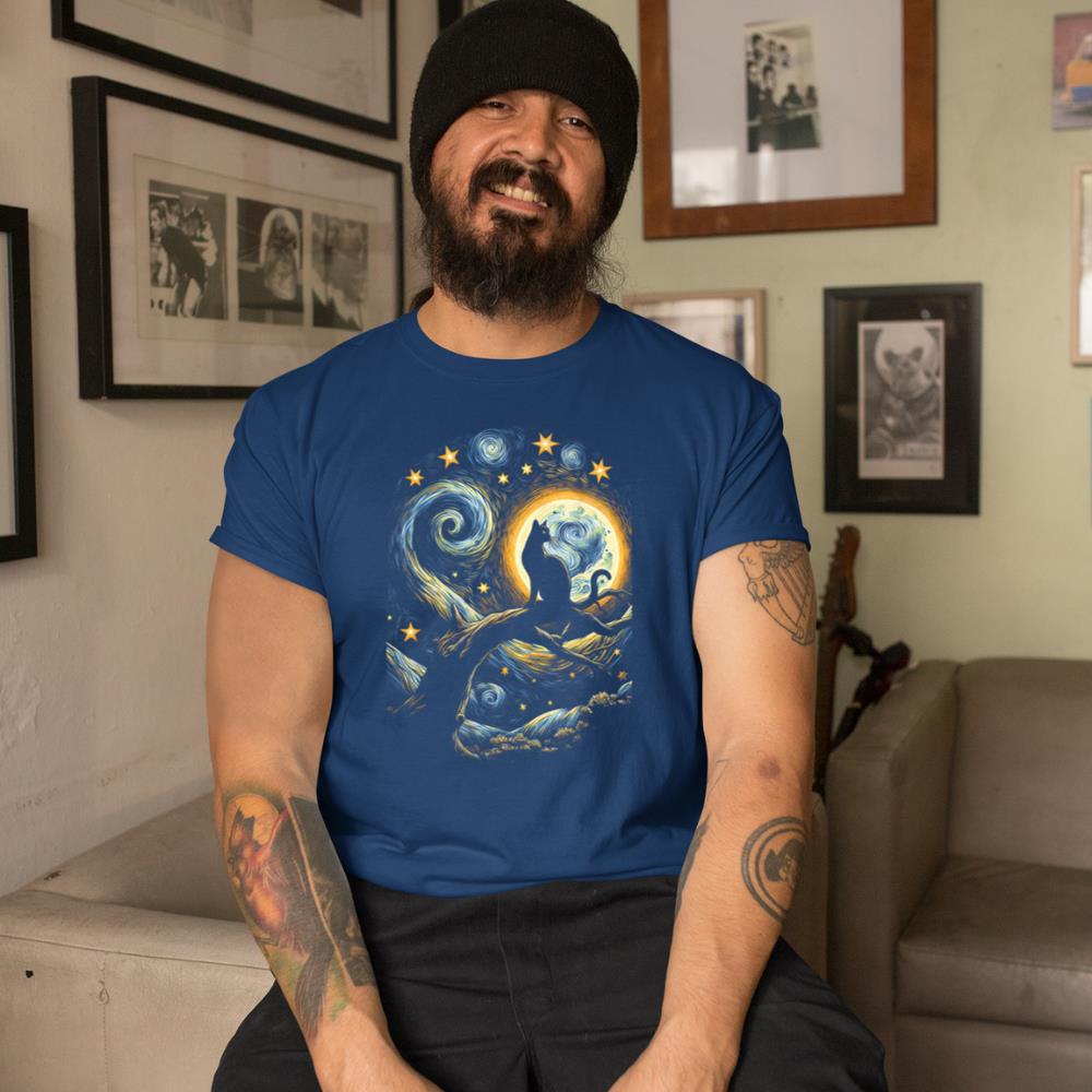 Xanawood Cat Starry Night, Cat Van Gogh, Cat Art, Kids Mens Funny Cat T-Shirt