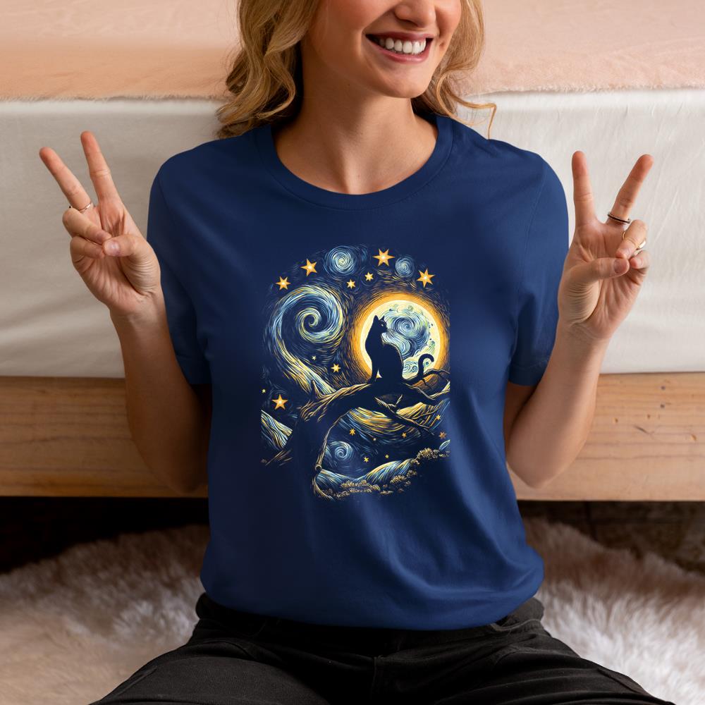 Xanawood Cat Starry Night, Cat Van Gogh, Cat Art, Kids Mens Funny Cat T-Shirt